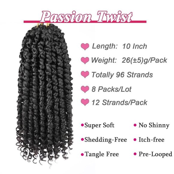 10 Inch 8 Packs Pret wisted Passion Twist Crochet Hair Natural Black Pre-looped - Picture 3 of 7